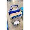 Image 2 : ULINE BLUE STRAPPING CART WITH STRAPPING TOOLS, A BOX OF ULINE WHITE POLY STRAPPING & A BOX OF