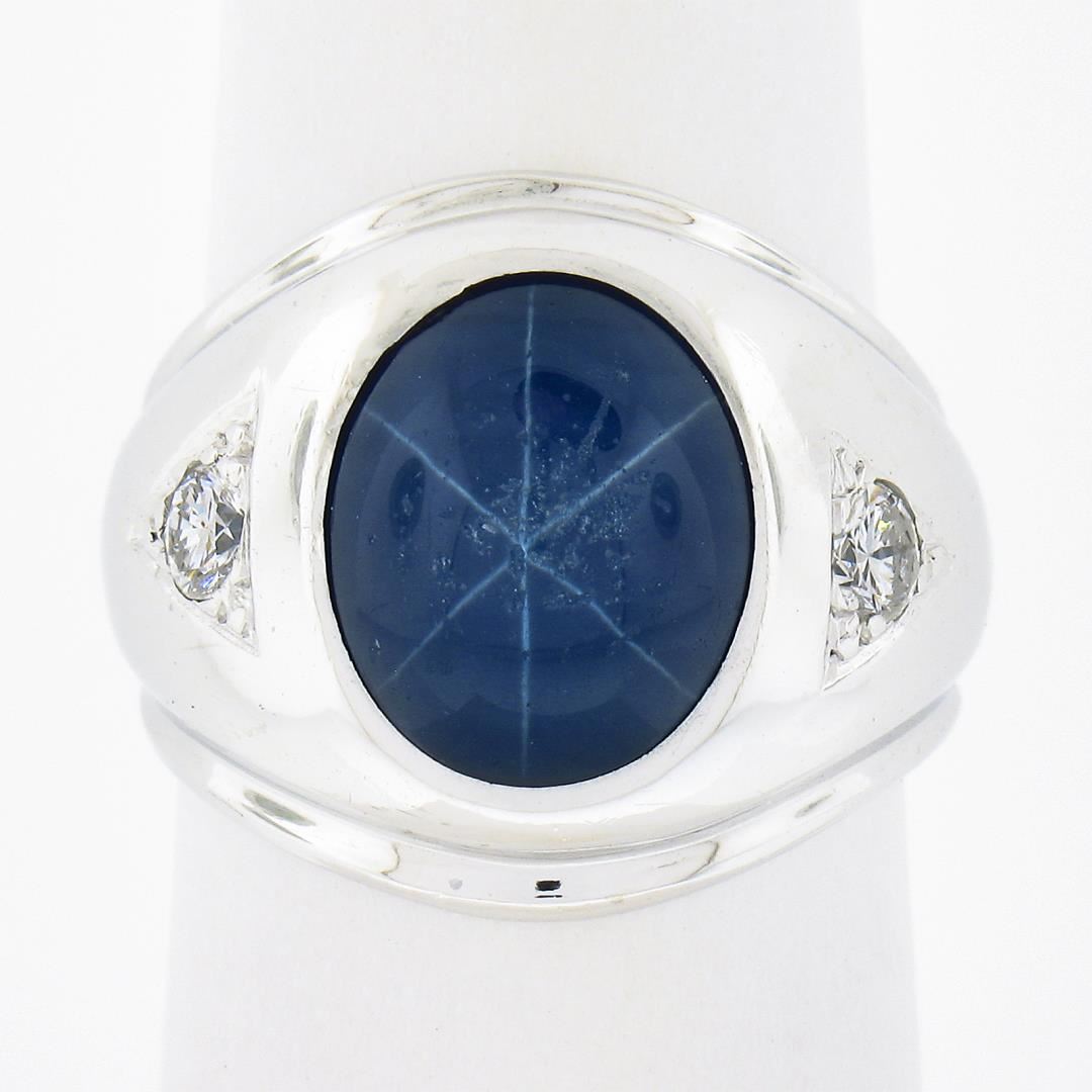 Mens 14k White Gold Simulated Lindy Blue Star Sapphire & Diamond Pinky ...
