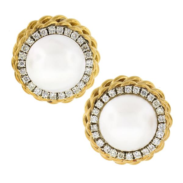 Vintage 18K Gold Large Mabe Pearl Diamond Halo Twisted Wire Work Button Earrings