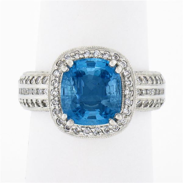Platinum 3.58 ctw Cushion Aquamarine w/ Diamond Halo & Accents Mil grain Work Ri