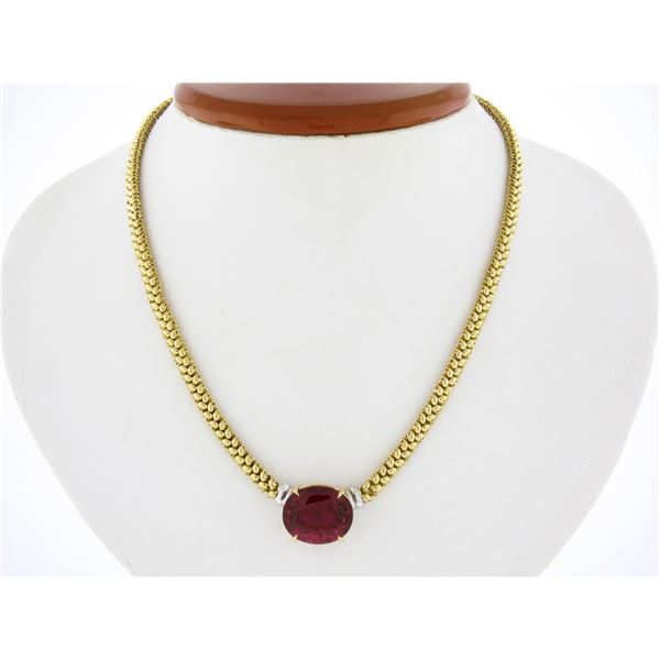 18K Two Tone Gold 12.82 ctw GIA Large Oval Red Rubellite Tourmaline 16" Necklace