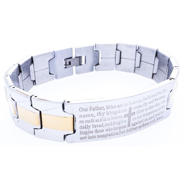 Stainless Steel Bracelet - ID Plate w/ Lords Prayer 2 - Tone