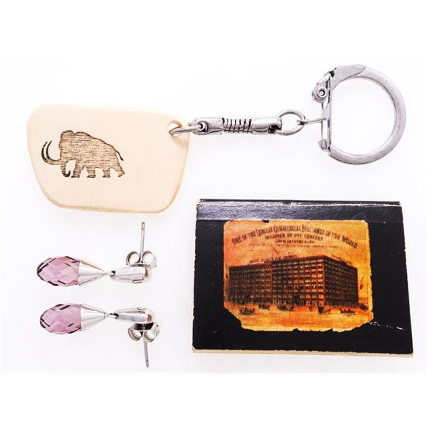 Lot 3 Estate - Ivory Key Ring, Mini Book, Pr. Earrings