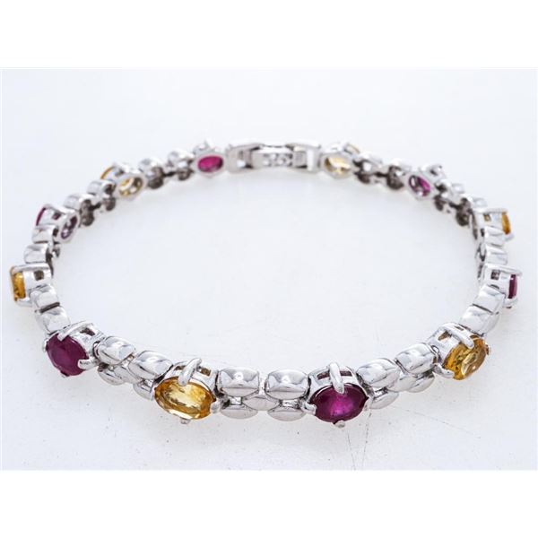 925 Sterling Silver Bracelet, 12 Oval Cut Genuine Ruby & Citrines.