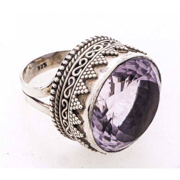 Sterling Silver Hand Made Fancy Round Amethyst Ring