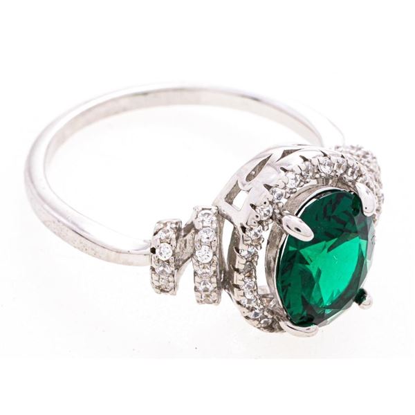 925 Sterling Silver Ring, Size 8, Oval Cut emerald Green Swarovski Element with Bead Set CZ's