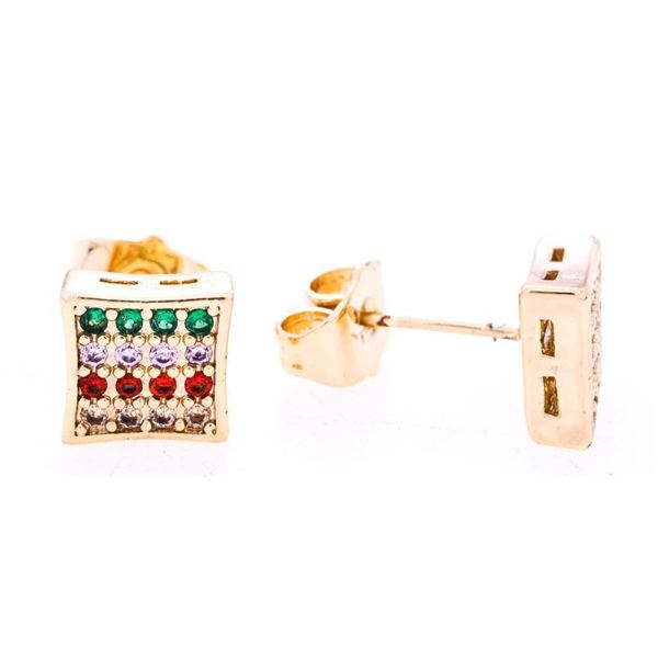 Brazil - 18kt Gold Overlay Square Style Stud Earrings, Multi colour Stones