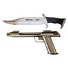 Image 2 : Movie Set Dec - Group of 3 Weapons Props, includes one Heavy Metal Gun/ Plastic Knife & Sword Top Pa