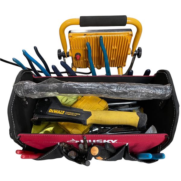 Group of assorted - includes yellow worklight / Husky toolbag w/ assorted tools Dewalt carbon fiber 