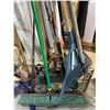 Image 2 : Group of assorted yard tools includes rakes, brooms, fishing rods etc