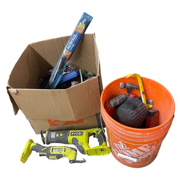 Lot of Power & Hand Tools incl. Ryobi Reciprocating Saw, Hammers, Garden Tools & Tire Chains