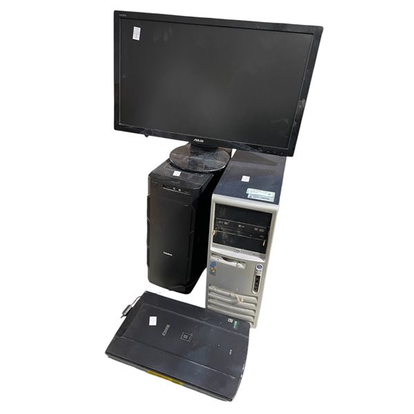 4PC Desktop Computer & Electronics Lot â€“ HP, Zalman, Canon Scanner, Monitor