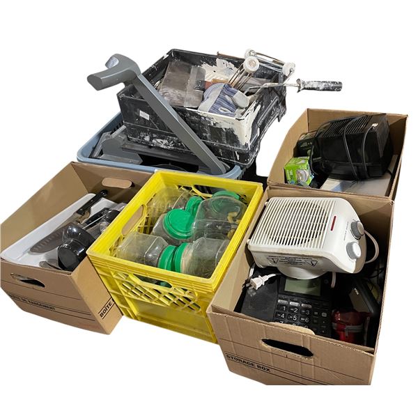 Assorted Household & Workshop Lot â€“ Includes Fan, Heater, Light Bulbs, Hardware 