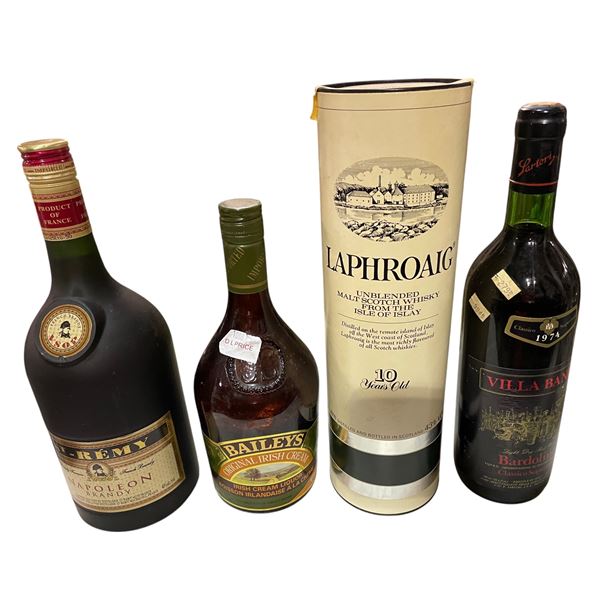 Lot of 5 Assorted Liquor Bottles - Includes Remy, Baileys, Laphroaig 10, Red Wi
