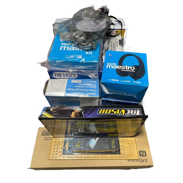 Group of Tac Car Visor, Sonic Maestro Headphones, Portable Shiatsu Massager, Laptop Kit, Etc.