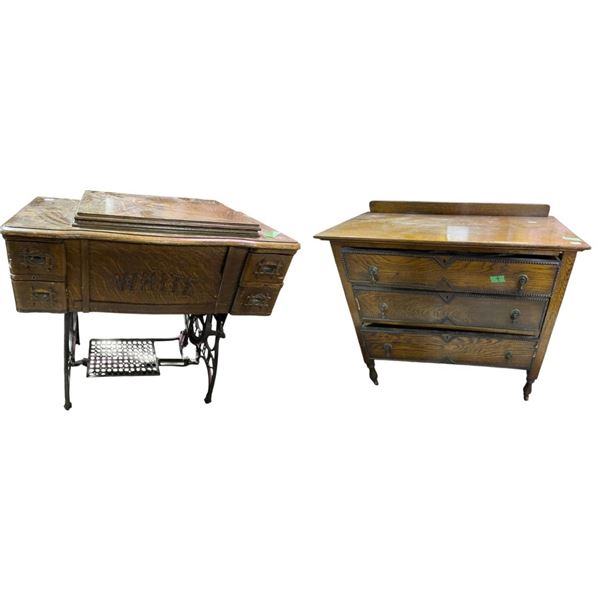 Antique "WHITE" Treadle Sewing Machine Table  & Vintage 3-Drawer Dresser with Carved Accents