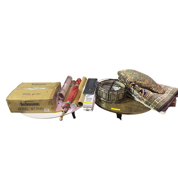 Group of Misc Including- Flag, Carpet, Pillow, Technosonic MT PH01, Various DVD Players, Remotes, Co