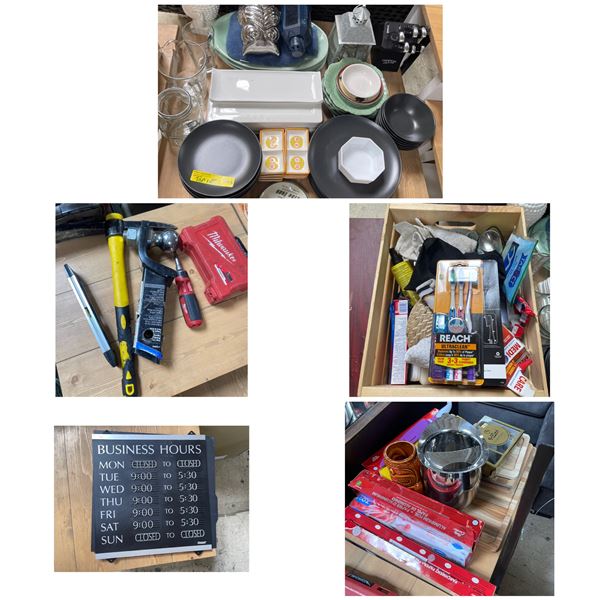 Table top of Misc. - Plates, Tools, Business Hours Signage, Mirror, Kitchenware, Etc.