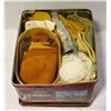 Image 1 : LARGE TIN FULL OF LEATHER AND CRAFTING MATERIALS