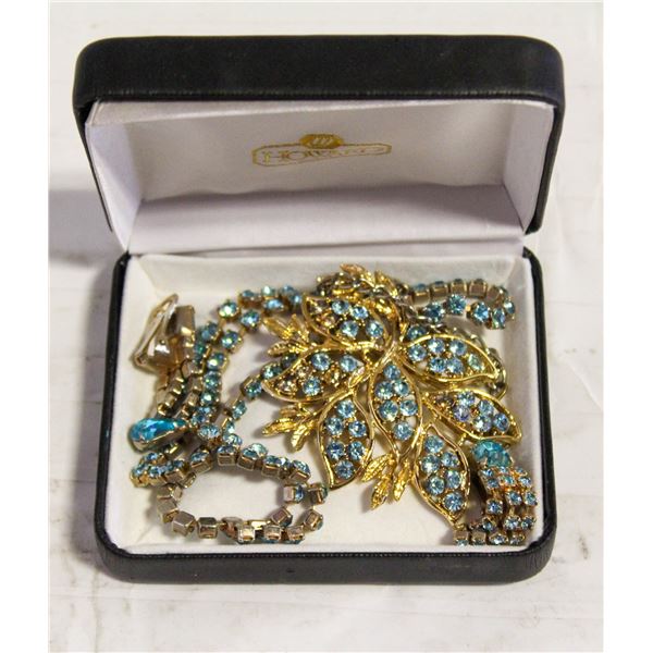 ESTATE VINTAGE BLUE RHINESTON BROOCH,