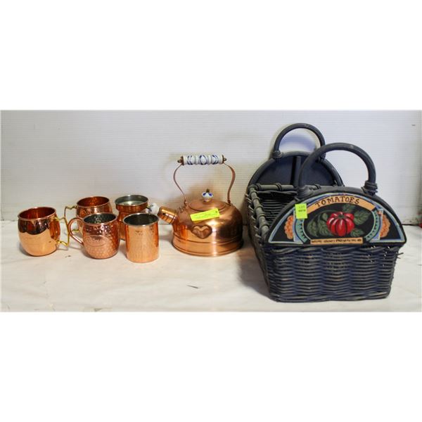 COPPER WHISTLING KETTLE & COPPER MUGS IN