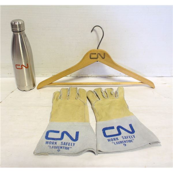 (3) VINTAGE CN CLOTHES HANGER, WORK GLOVES &