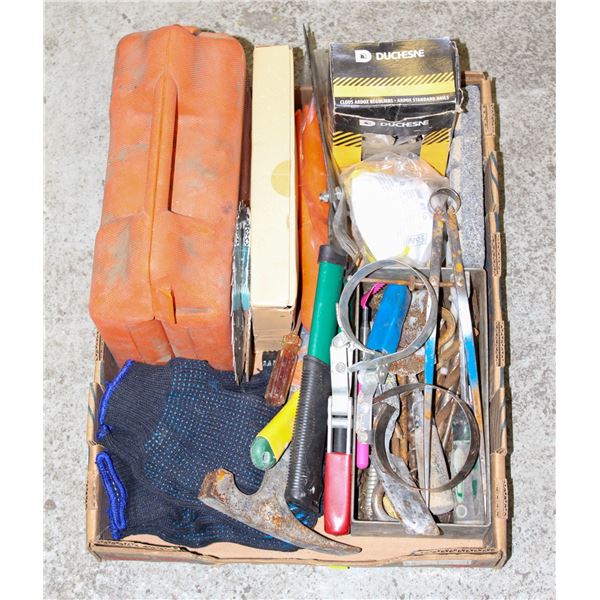 TRAY OF SHOP TOOLS & SUPPLIES