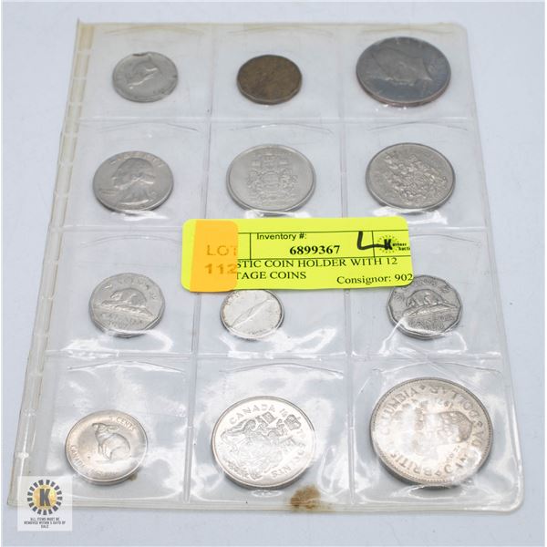 PLASTIC COIN HOLDER WITH 12 VINTAGE COINS