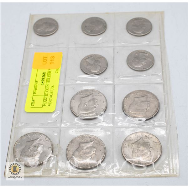 PLASTIC COIN HOLDER WITH 10 VINTAGE U.S.