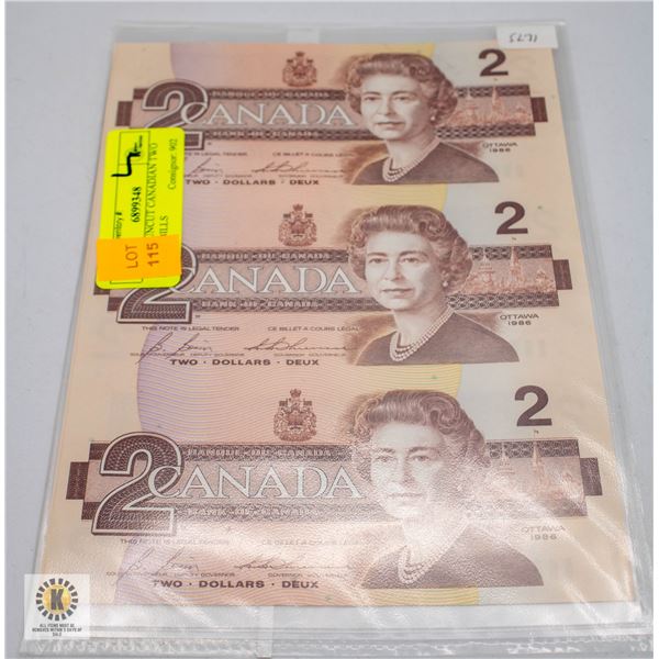 SET OF 3 UNCUT CANADIAN TWO DOLLAR BILLS