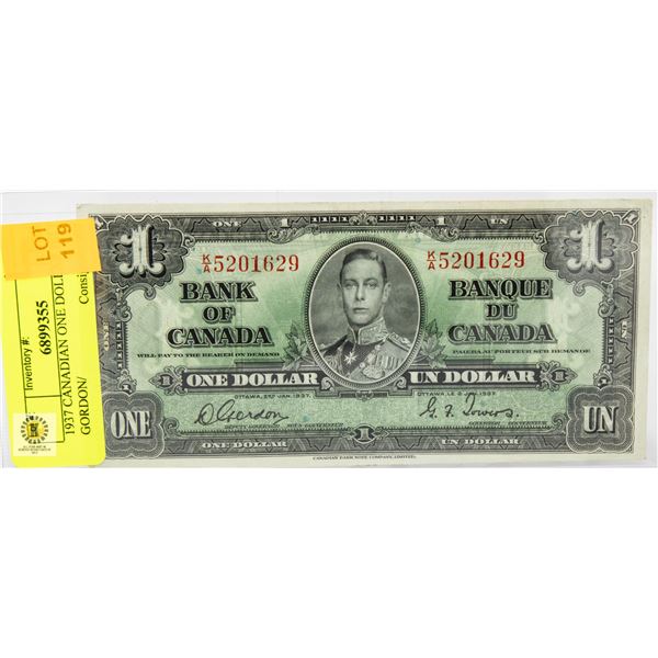 1937 CANADIAN ONE DOLLAR BILL - GORDON/