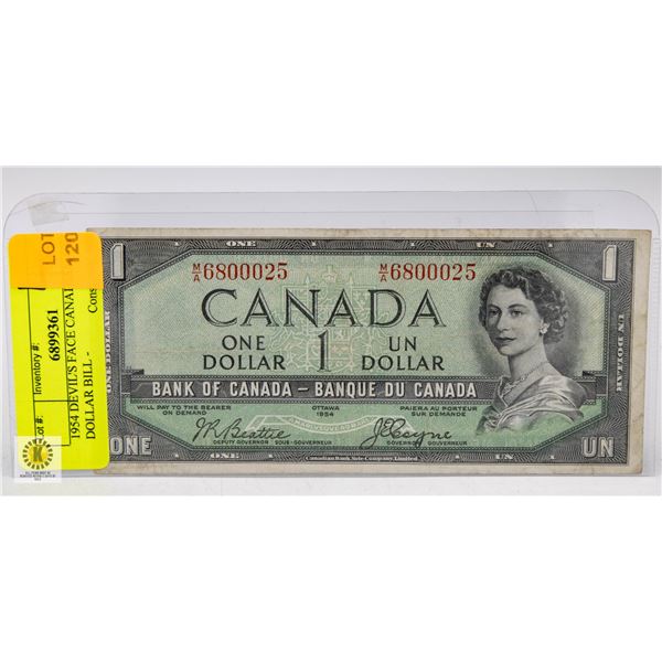 1954 DEVIL'S FACE CANADIAN ONE DOLLAR BILL -