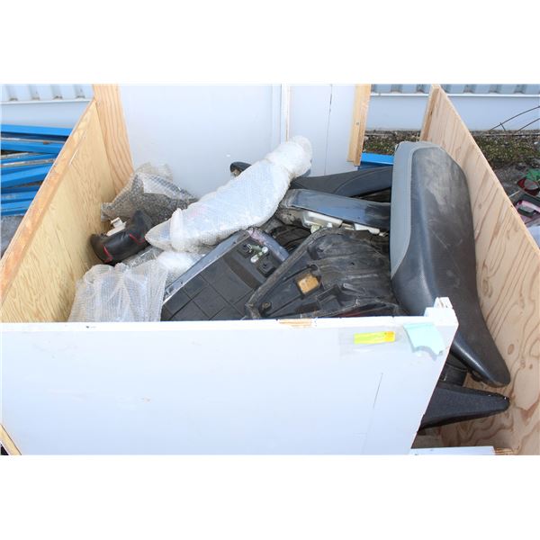 CRATE OF QUAD/DIRT BIKE PARTS INCLUDES SEATS