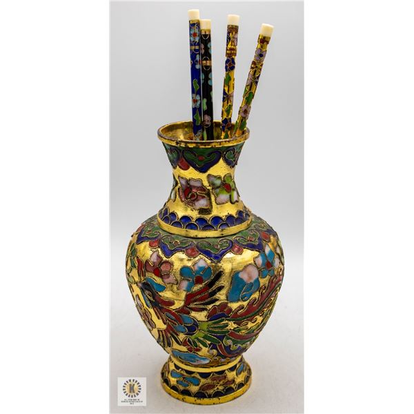 VINTAGE 6 INCH CLOISONNE VASE WITH 4 STICKS