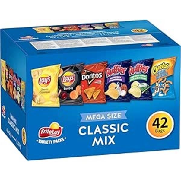 NEW CASE WITH 42 X 28G OF FRITO LAYS CLASSIC MIX
