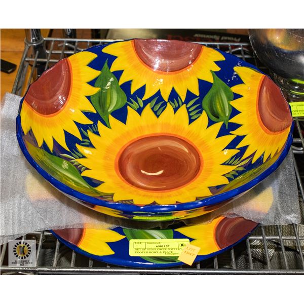 SET OF SUNFLOWER POTTERY, FOOTED BOWL & PLATE