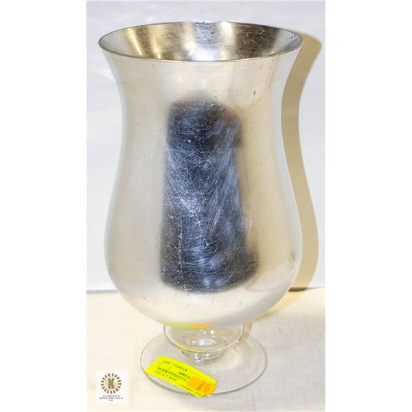 SILVER FINISHED GLASS VASE, 1 FT TALL X 7" WIDE