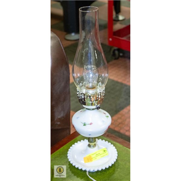 HURRICANE WHITE MILK GLASS TABLE LAMP FULLY INTACT