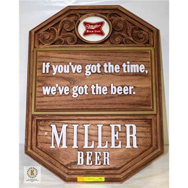 MILLER BEER SIGN 14 INCHES X 19 INCHES