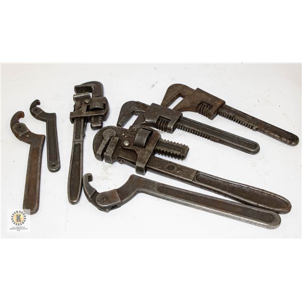 FLAT OF VINTAGE ADJUSTABLE WRENCHES & PULLERS