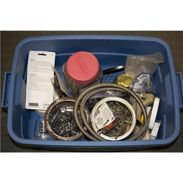 BIN OF HARDWARE, NAILS, BRAIDED HOSE ETC