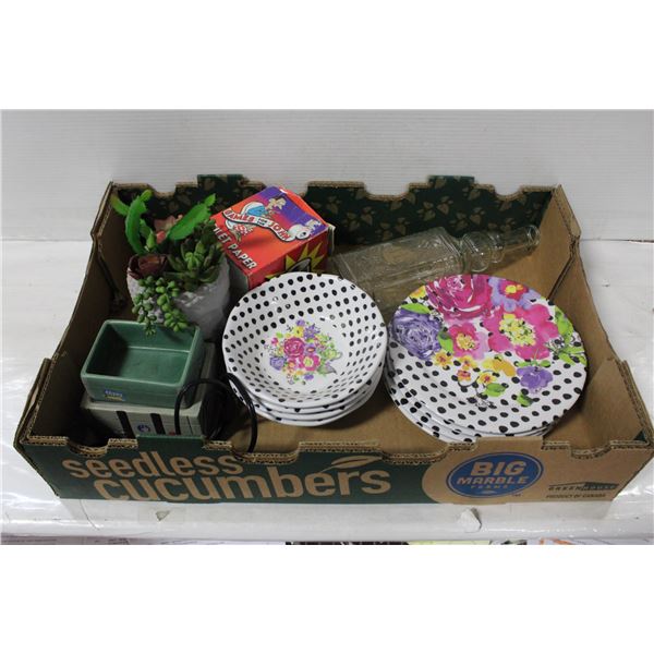 FLAT WITH SET OF THICK PLASTIC DISHWARE,