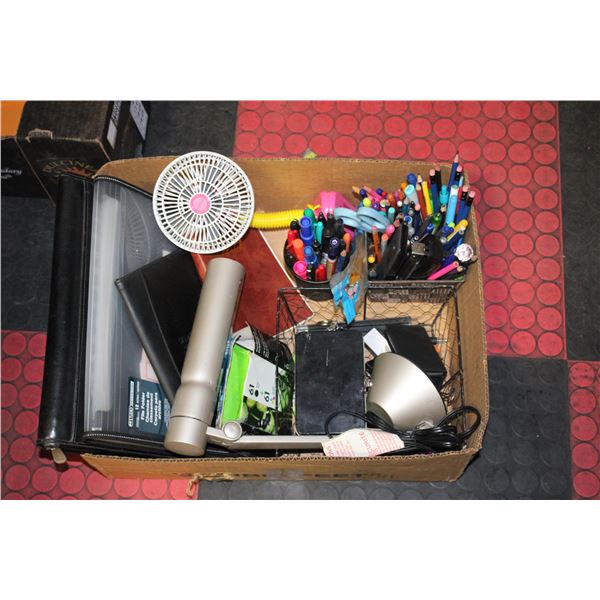 BOX FULL OF OFFICE SUPPLIES INCL. LAMP, HP