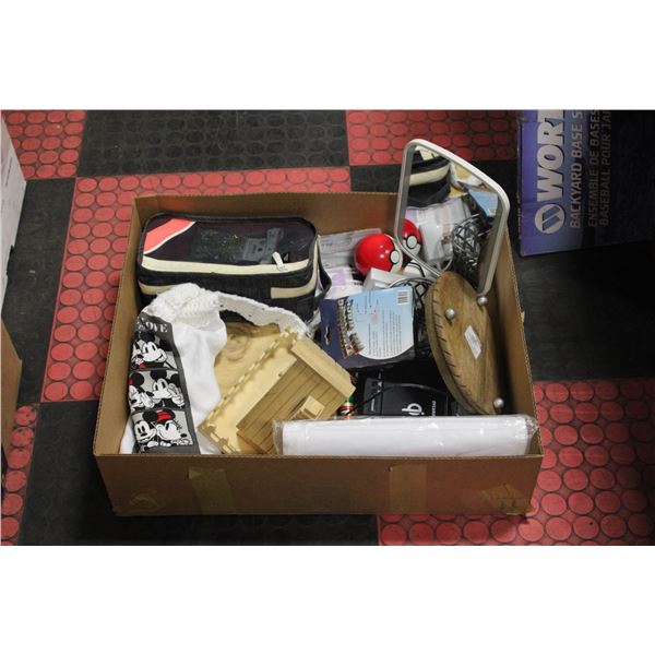 BOX WITH HOUSEHOLD ITEMS INCL. BIRD HOUSE,