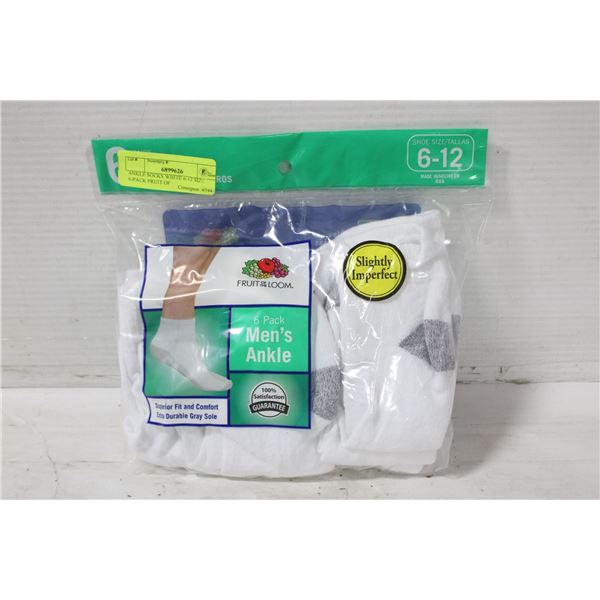 ANKLE SOCKS WHITE 6-12 SIZE 6-PACK FRUIT OF