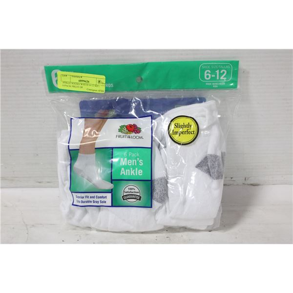 ANKLE SOCKS WHITE 6-12 SIZE 6-PACK FRUIT OF