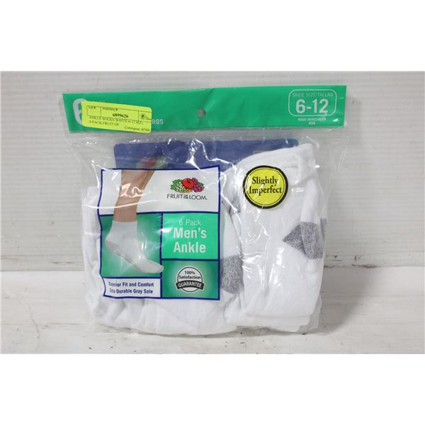 ANKLE SOCKS WHITE 6-12 SIZE 6-PACK FRUIT OF