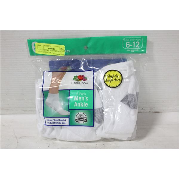 ANKLE SOCKS WHITE 6-12 SIZE 6-PACK FRUIT OF