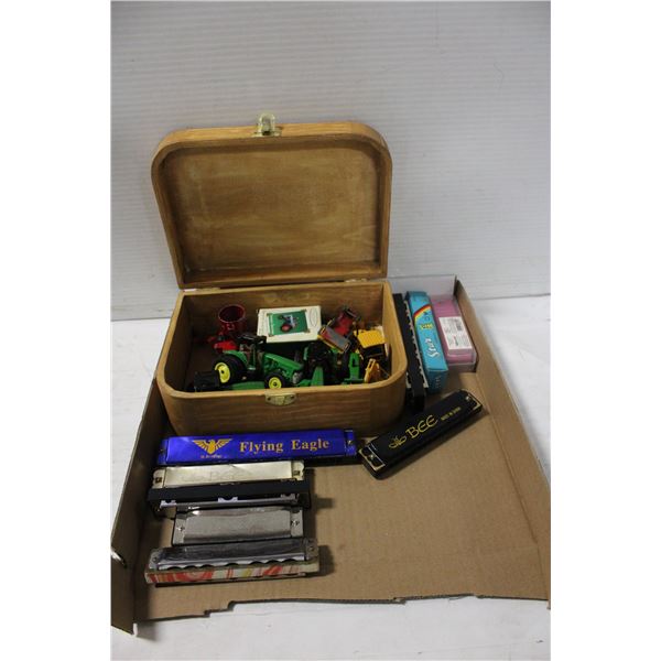 COLLECTION OF METAL TRACTORS + HARMONICAS