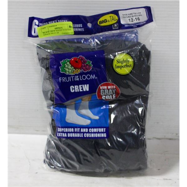 BLACK CREW SOCKS 12-16 SIZE 6-PACK FRUIT OF